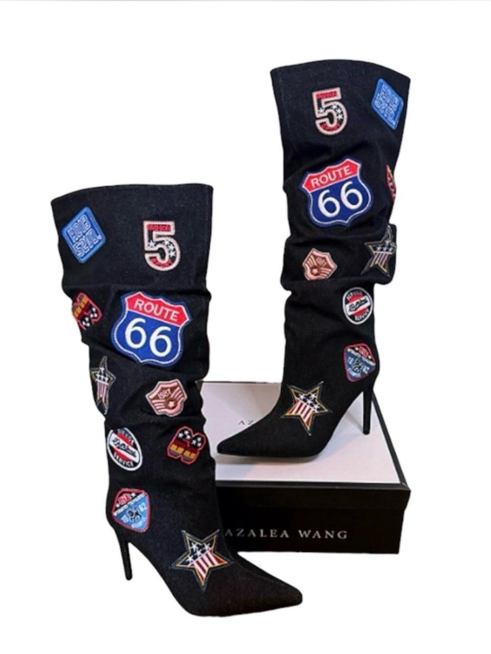 Azalea wang Y2K Route 66 Patchwork Knee-High Stiletto Boots size 7.5
